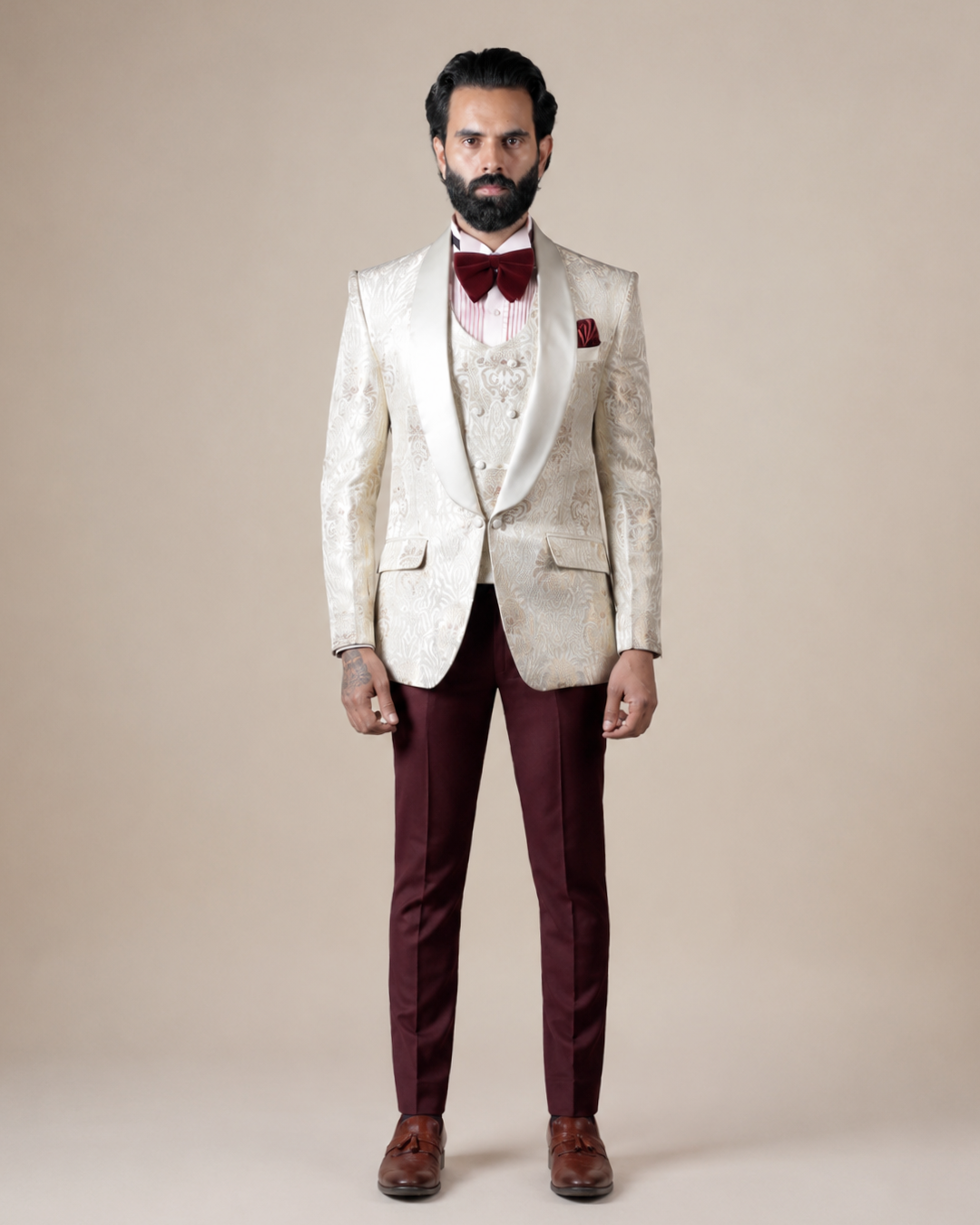 Cream Jacquard Tuxedo Suit