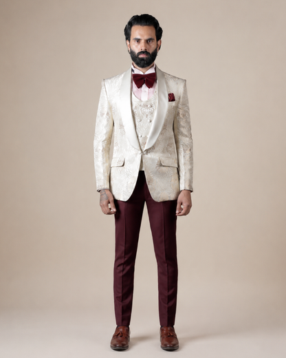 Cream Jacquard Tuxedo Suit