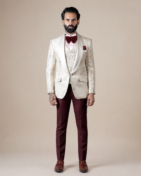 Cream Jacquard Tuxedo Suit