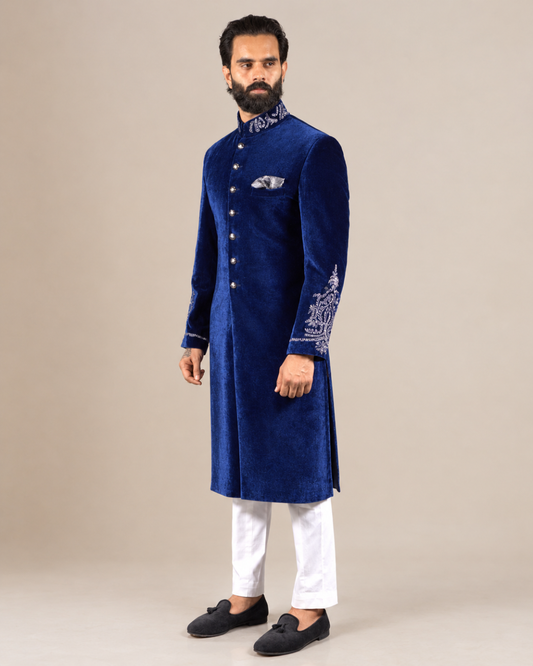 Royal Blue Velvet Embroidered Sherwani