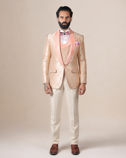 Peach Gold Brocade Tuxedo Suit