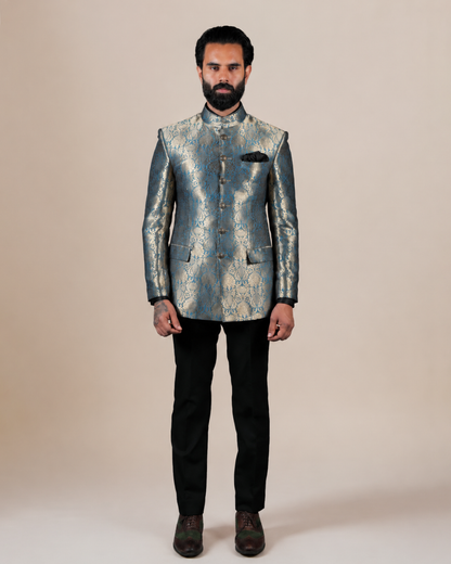 Blue & Gold Brocade Bandhgala Suit