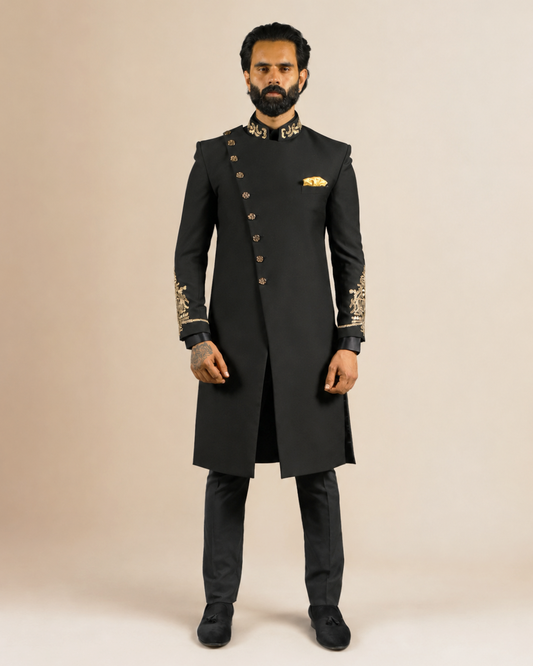 Black Asymmetric Indo-Western Sherwani