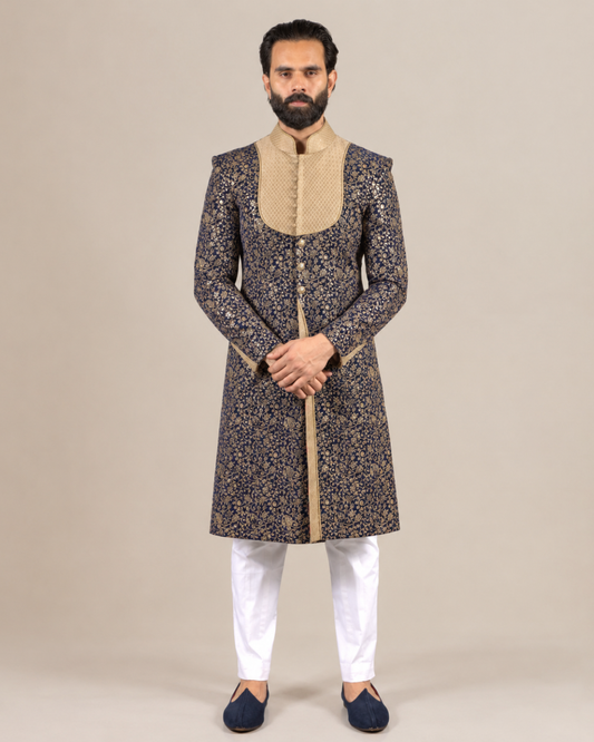 Navy Blue Gold Embroidered Sherwani