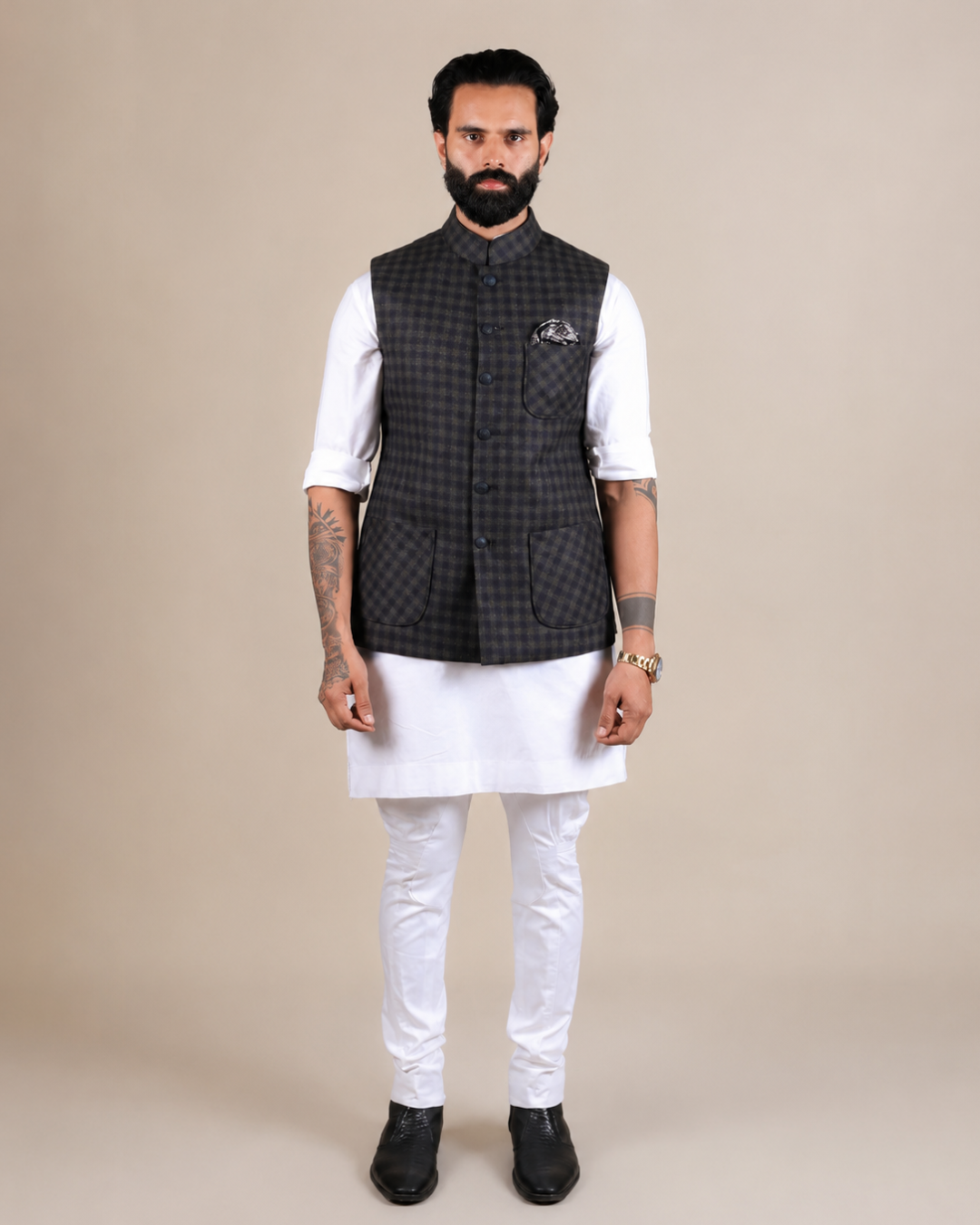 Navy & Green Checkered Nehru Jacket