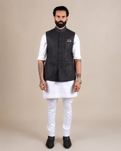 Navy & Green Checkered Nehru Jacket
