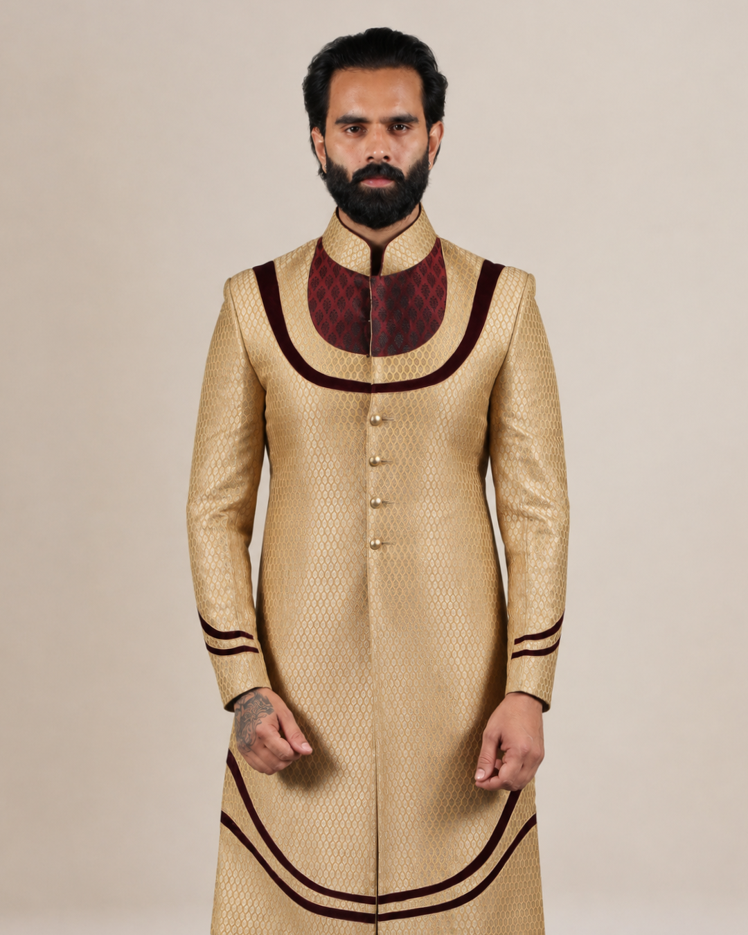 Golden Sherwani with Velvet Yoke Detailing