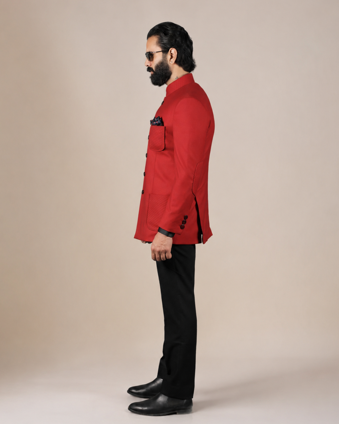 Red Bandhgala with Quilted Pockets