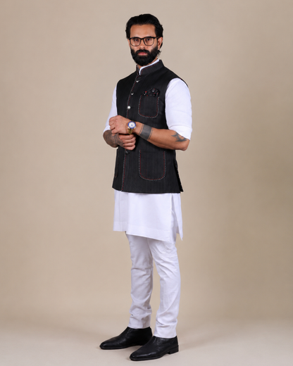 Black Nehru Jacket with Contrast Stitch