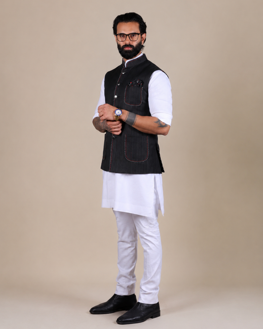 Black Nehru Jacket with Contrast Stitch