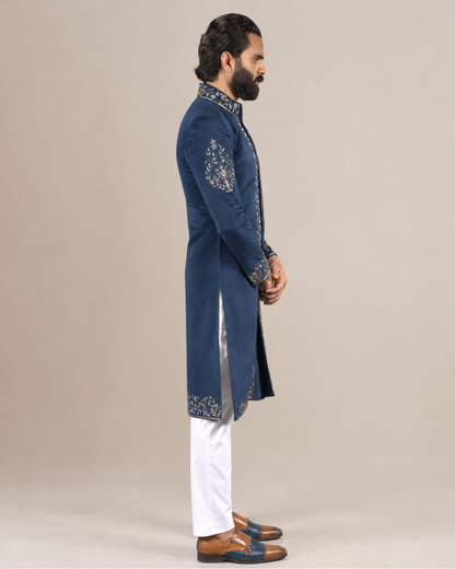 Indigo Velvet Embroidered Sherwani