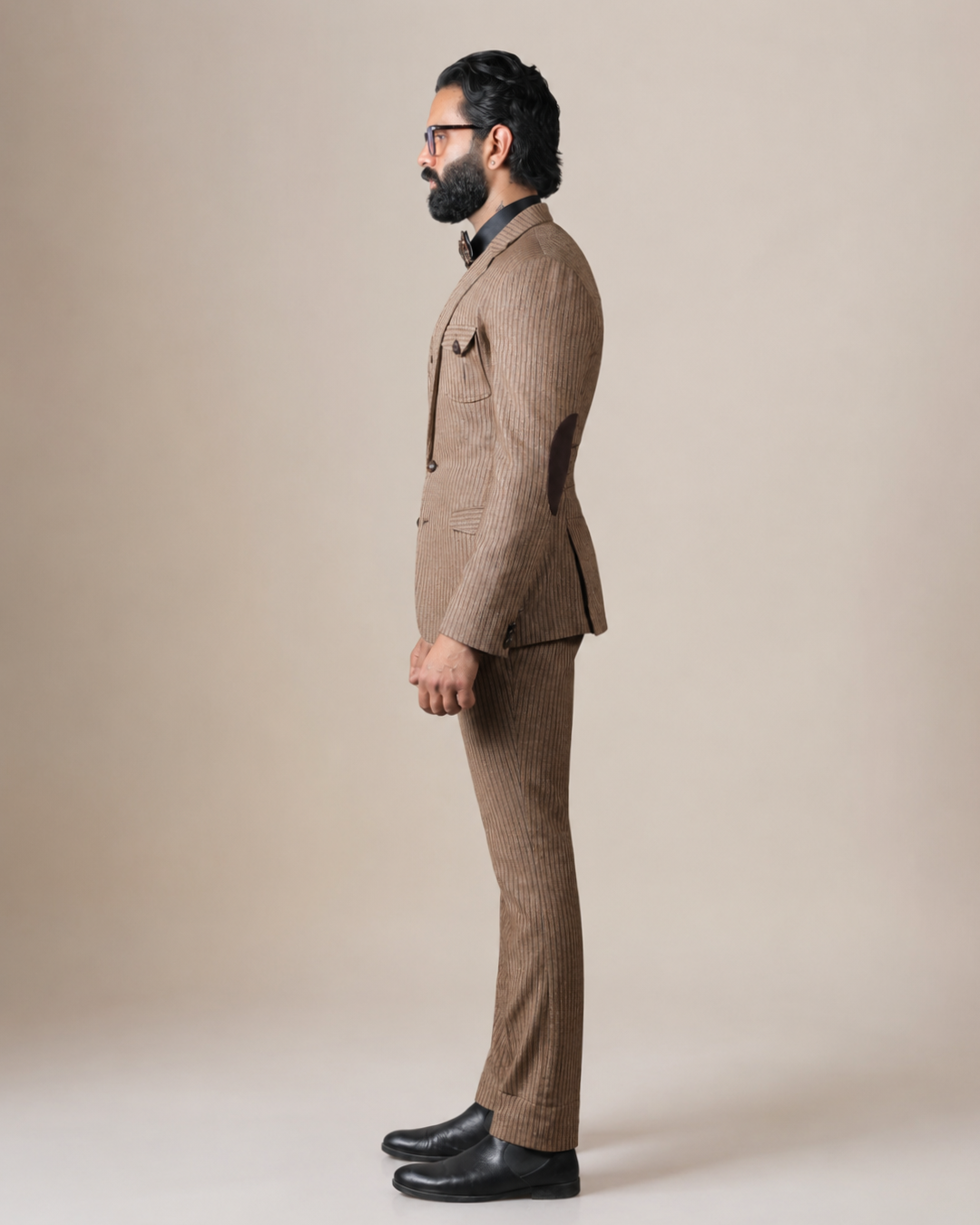 Brown Striped Woolen 3-Piece Suit
