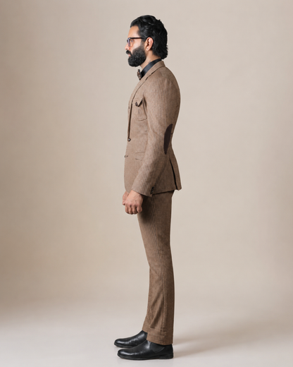 Brown Striped Woolen 3-Piece Suit
