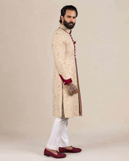Cream & Maroon Brocade Sherwani Set