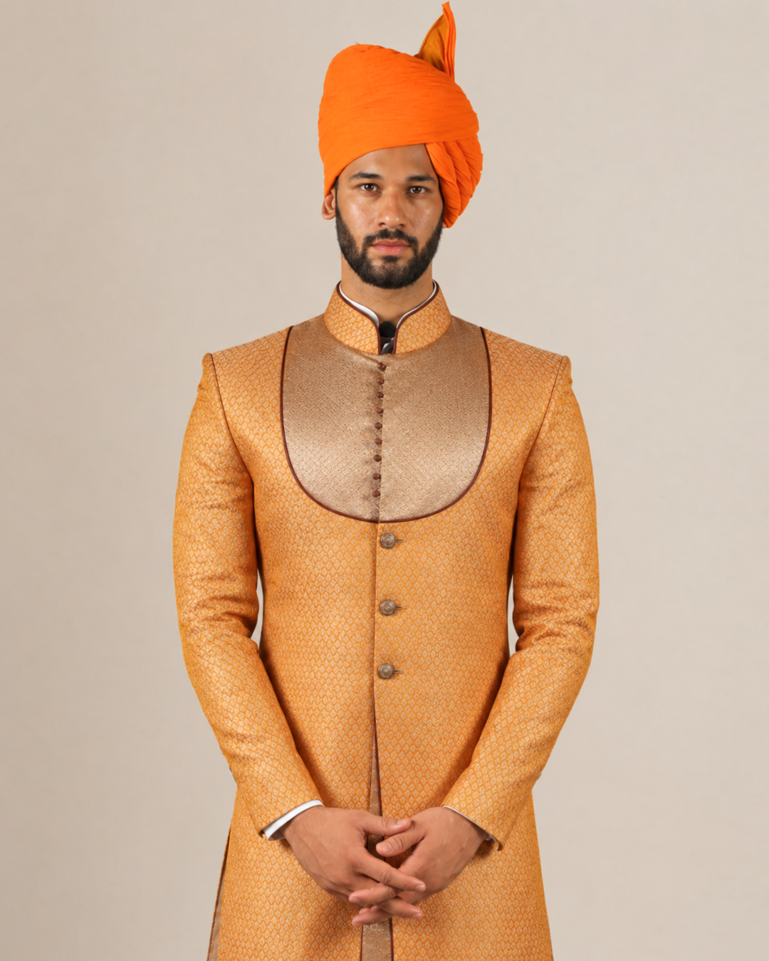 Orange Brocade Sherwani with Golden Yolk