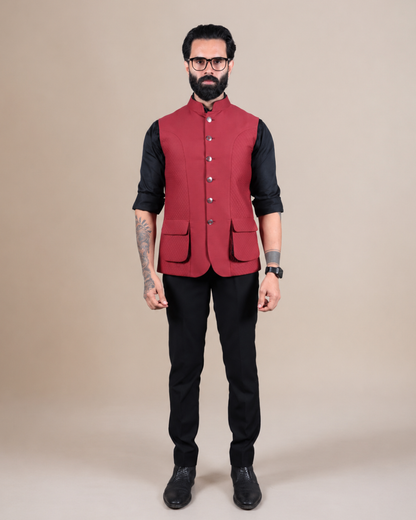 Maroon Textured Nehru Jacket