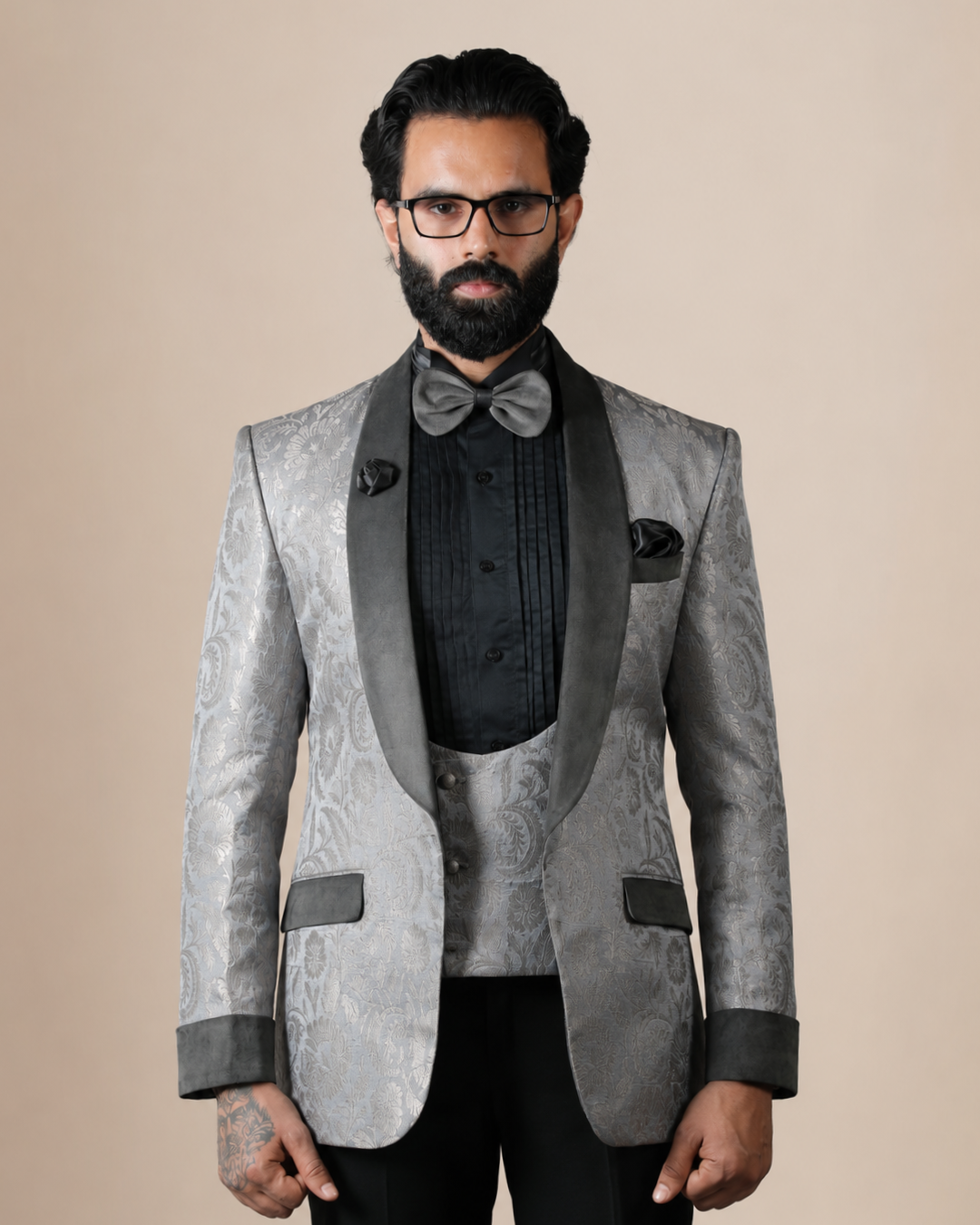 Silver Jacquard Floral Tuxedo Suit