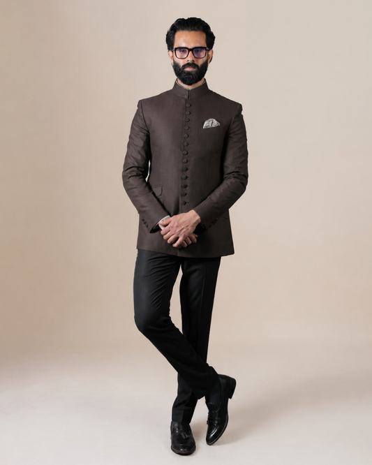 Dark Brown Terry wool Bandhgala Set
