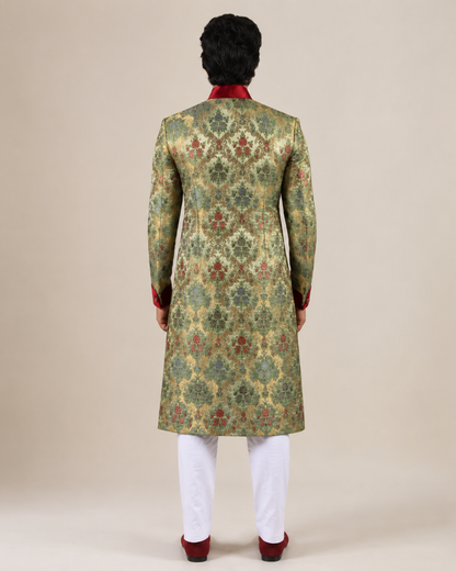 Regal Mint Green Banarasi Silk Floral Sherwani