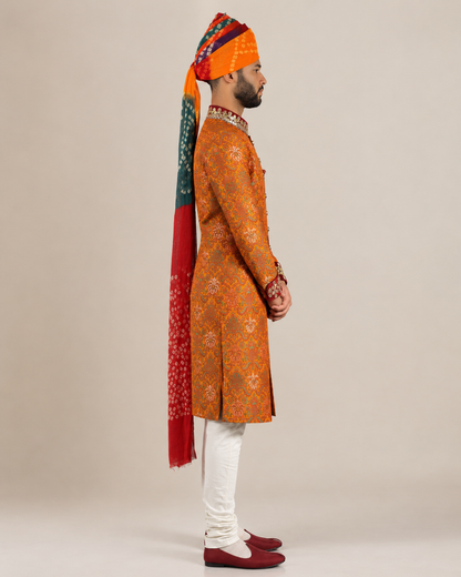Orange Jacquard Silk Sherwani