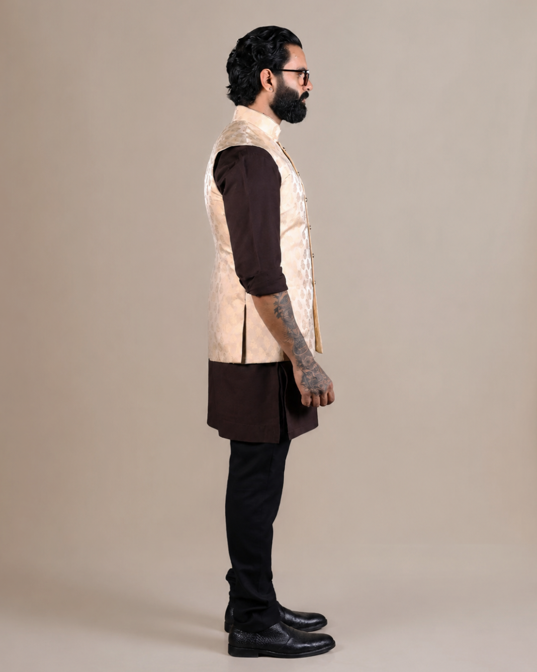 Golden Brocade Nehru Jacket Set