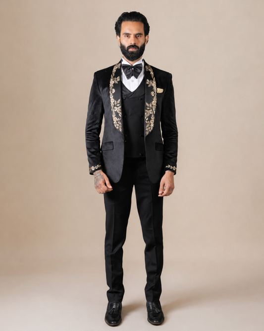 Black Velvet Embroidered Tuxedo Suit