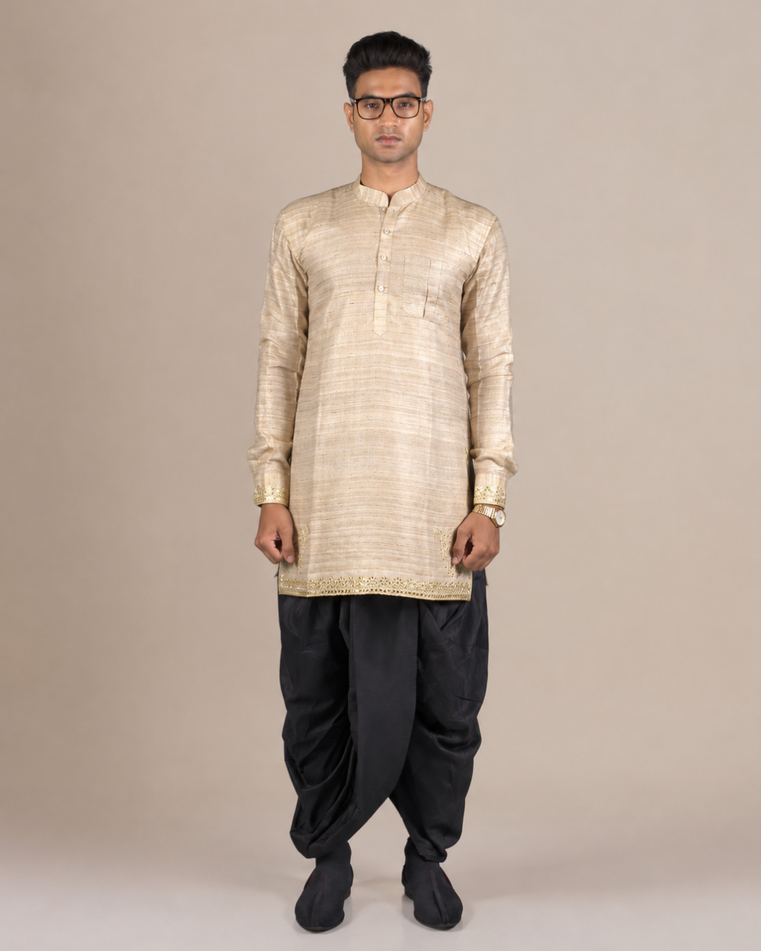 Beige Silk Kurta with Black Dhoti