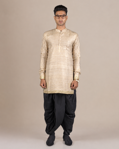 Beige Silk Kurta with Black Dhoti