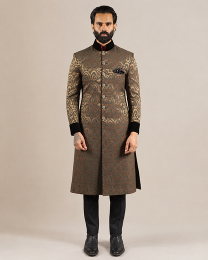 Brown Golden Brocade Sherwani