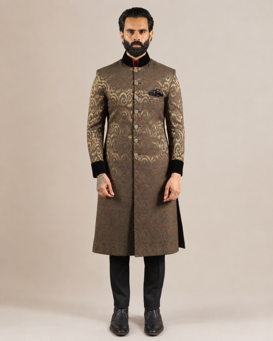 Brown Golden Brocade Sherwani