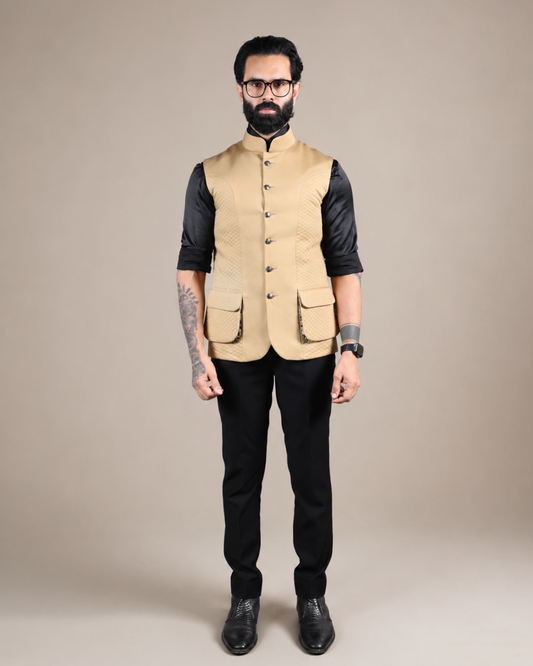 Beige Terry Wool Quilted Nehru Jacket