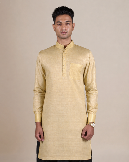 Golden Khadi Silk Kurta with Black Dhoti Set