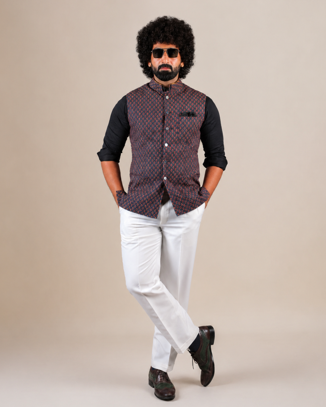 Dark Blue Floral Print Nehru Jacket