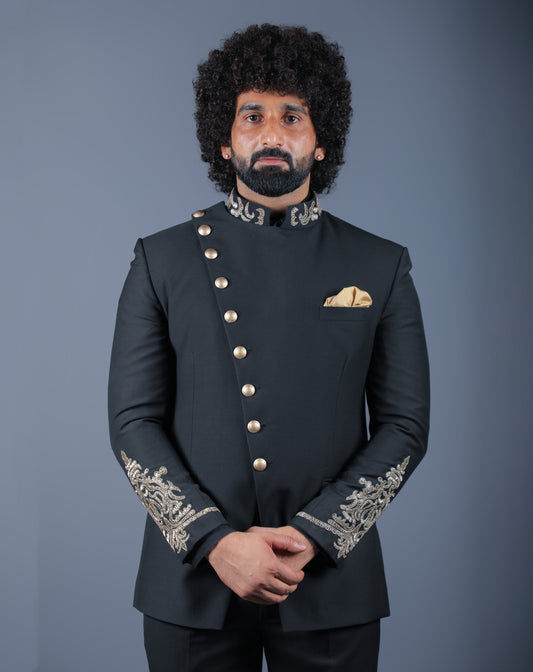 Black Embroidered Bandhgala Suit