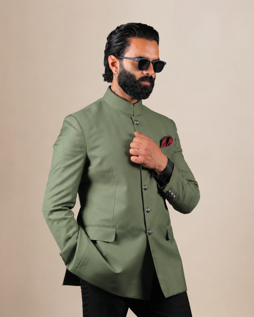Sage Green Terry Wool Bandhgala