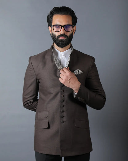 Dark Brown Terry wool Bandhgala Set