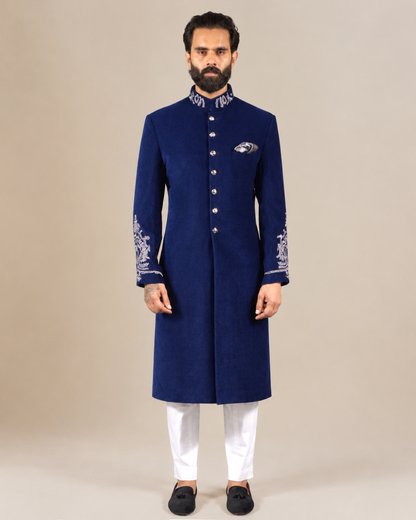 Royal Blue Velvet Embroidered Sherwani