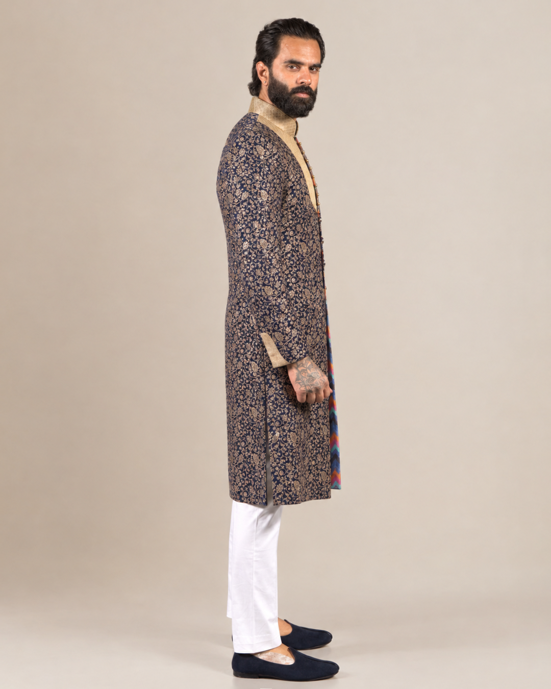 Navy Blue Gold Embroidered Sherwani