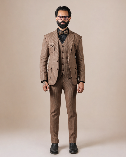 Brown Striped Woolen 3-Piece Suit