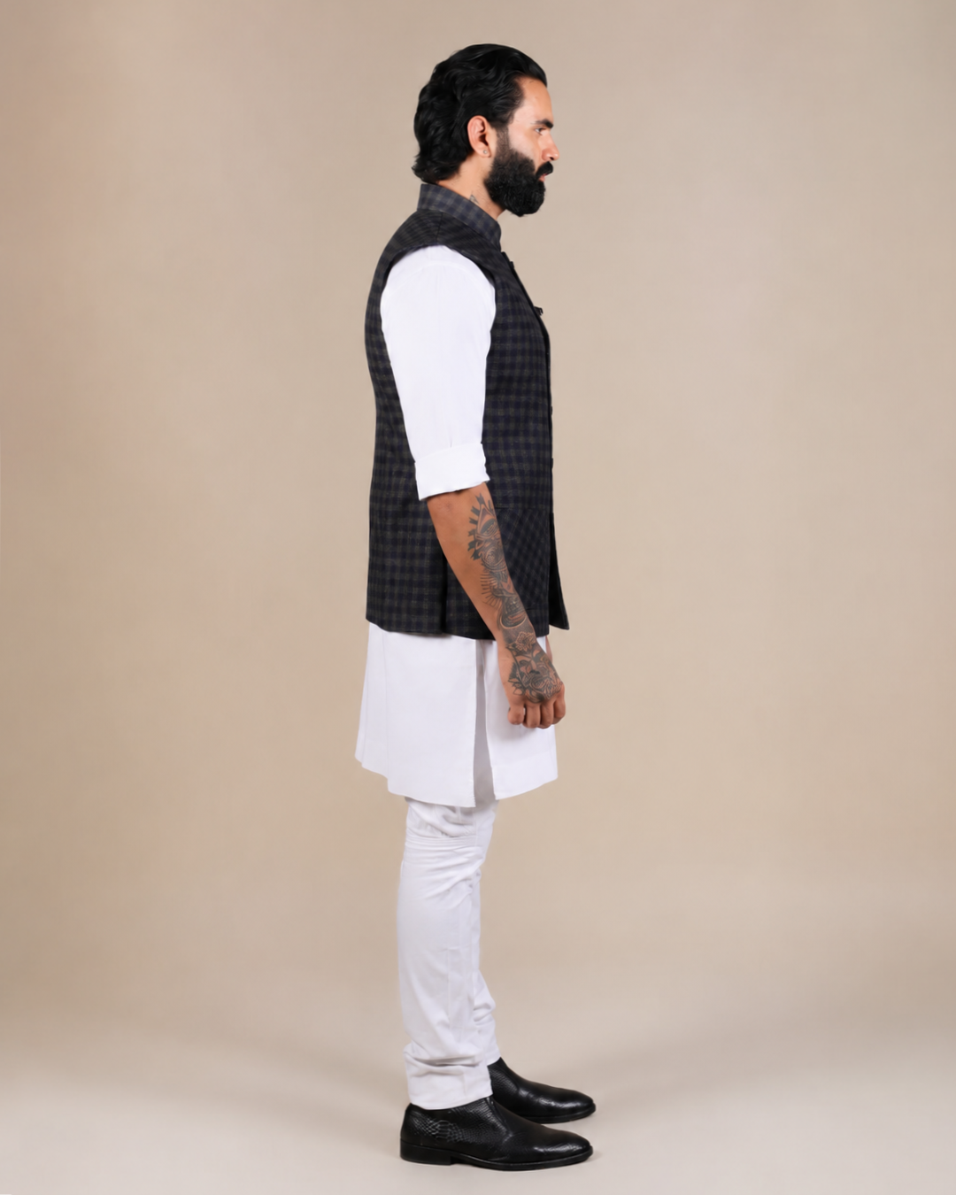 Navy & Green Checkered Nehru Jacket