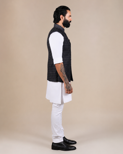 Navy & Green Checkered Nehru Jacket