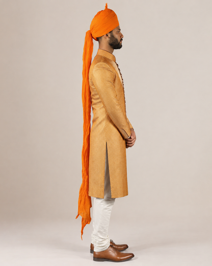Orange Brocade Sherwani with Golden Yolk
