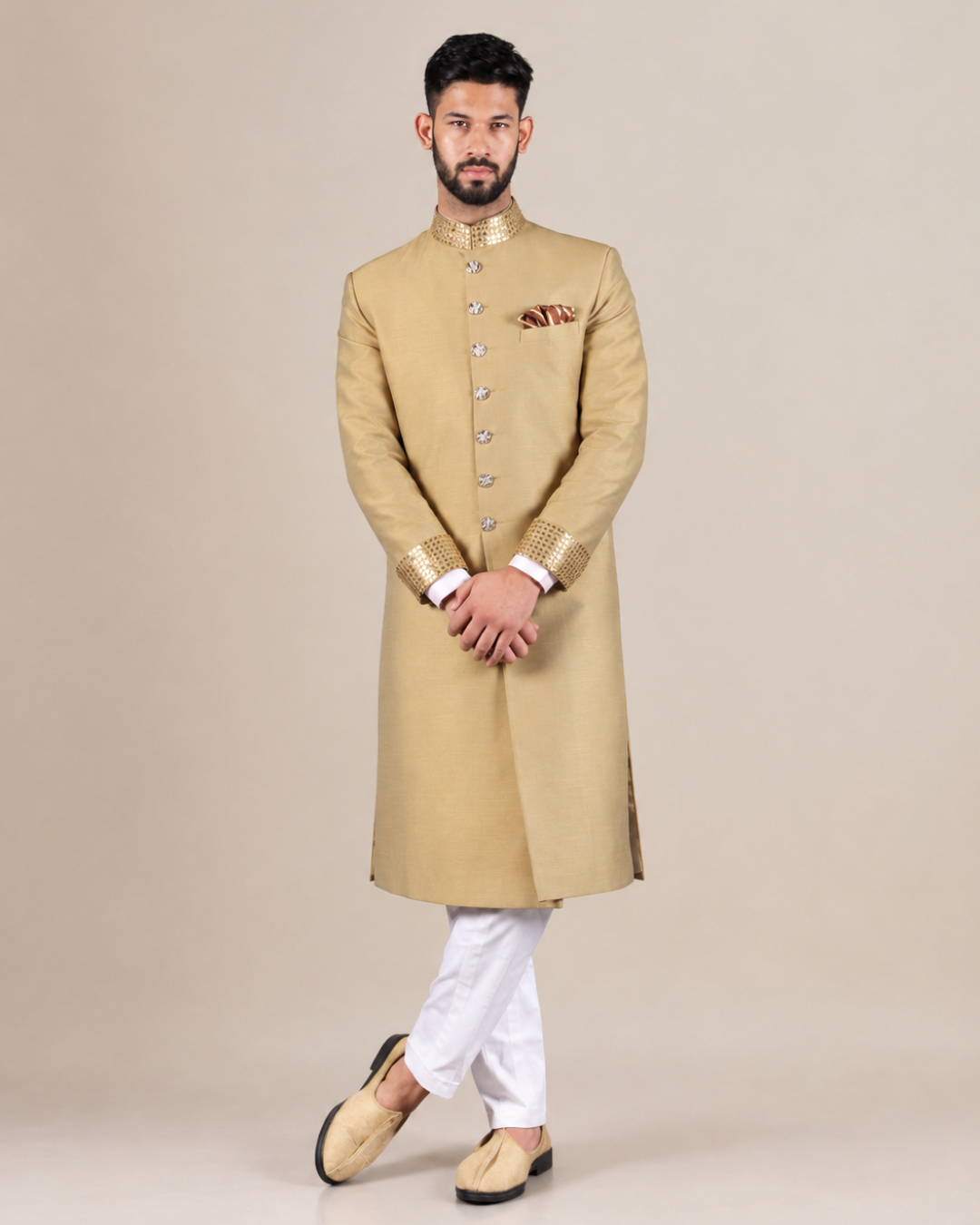 Golden Embroidered Wedding Sherwani
