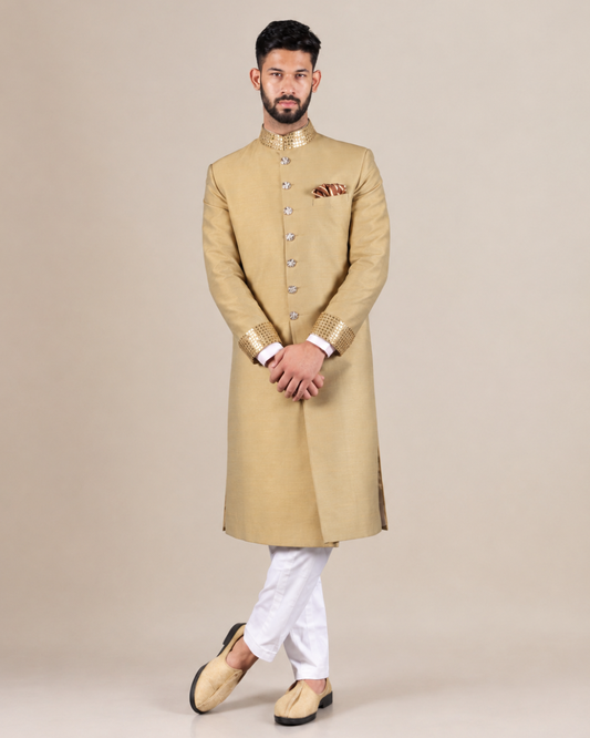 Golden Embroidered Wedding Sherwani