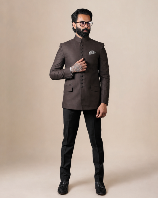 Dark Brown Terry wool Bandhgala Set