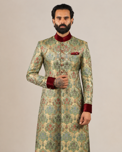 Regal Mint Green Banarasi Silk Floral Sherwani