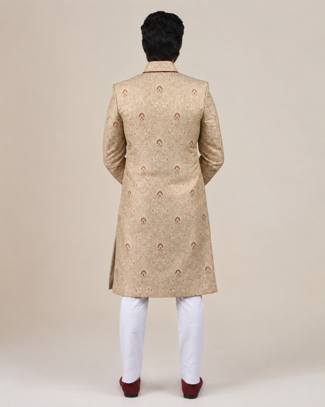 Cream & Maroon Brocade Sherwani Set