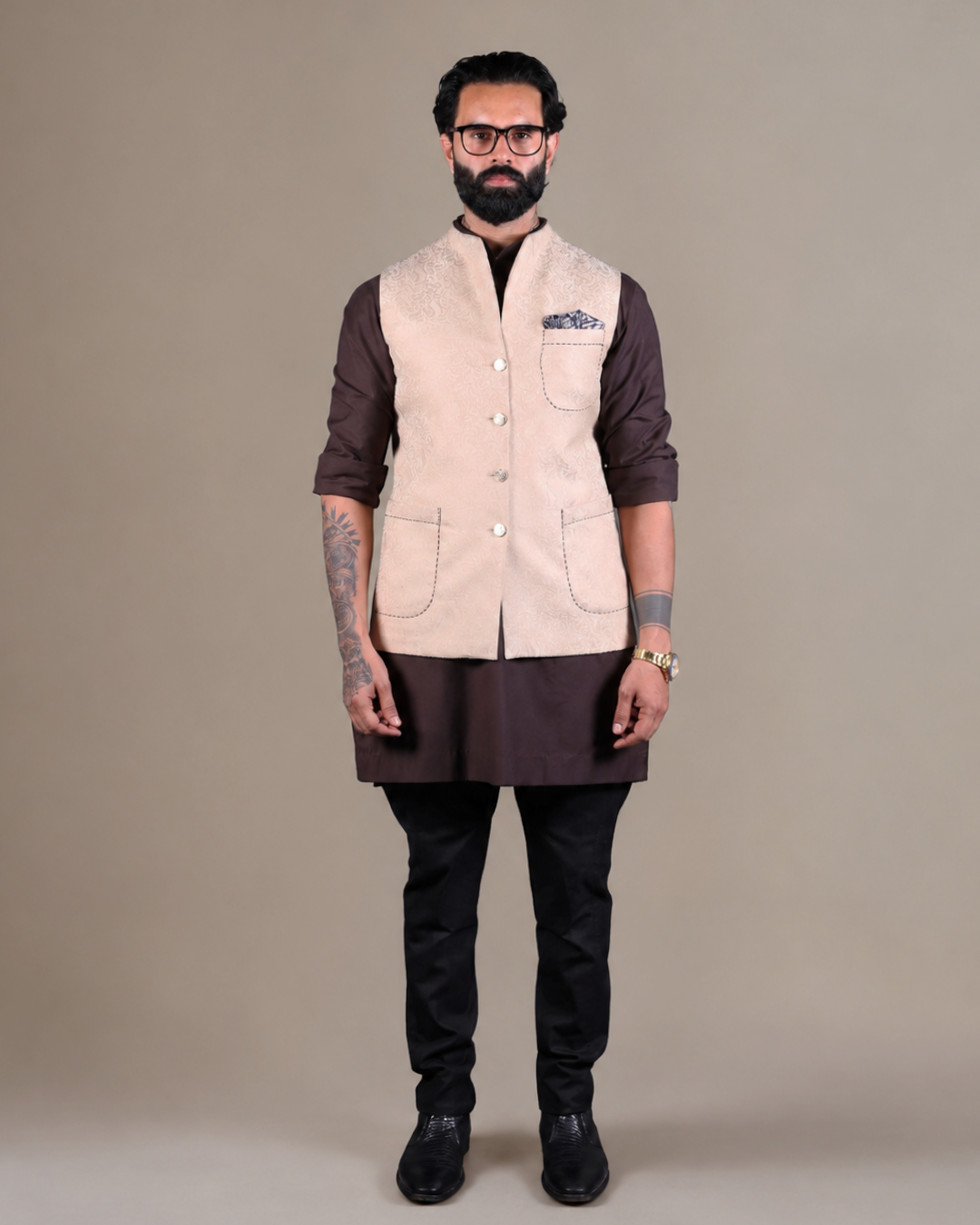 Cream Patterned Nehru Jacket