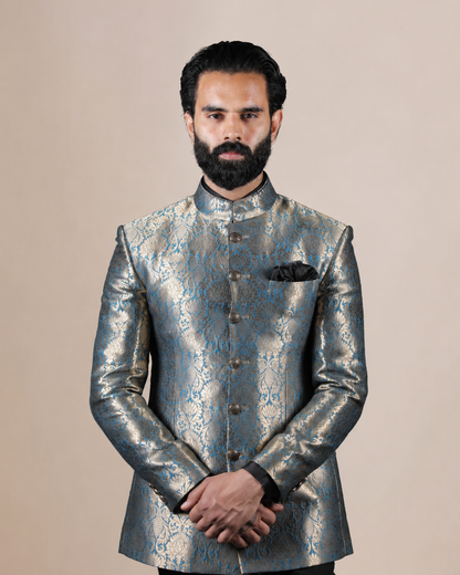 Blue & Gold Brocade Bandhgala Suit