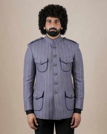 Blue Striped Wool Blend Hunting Coat